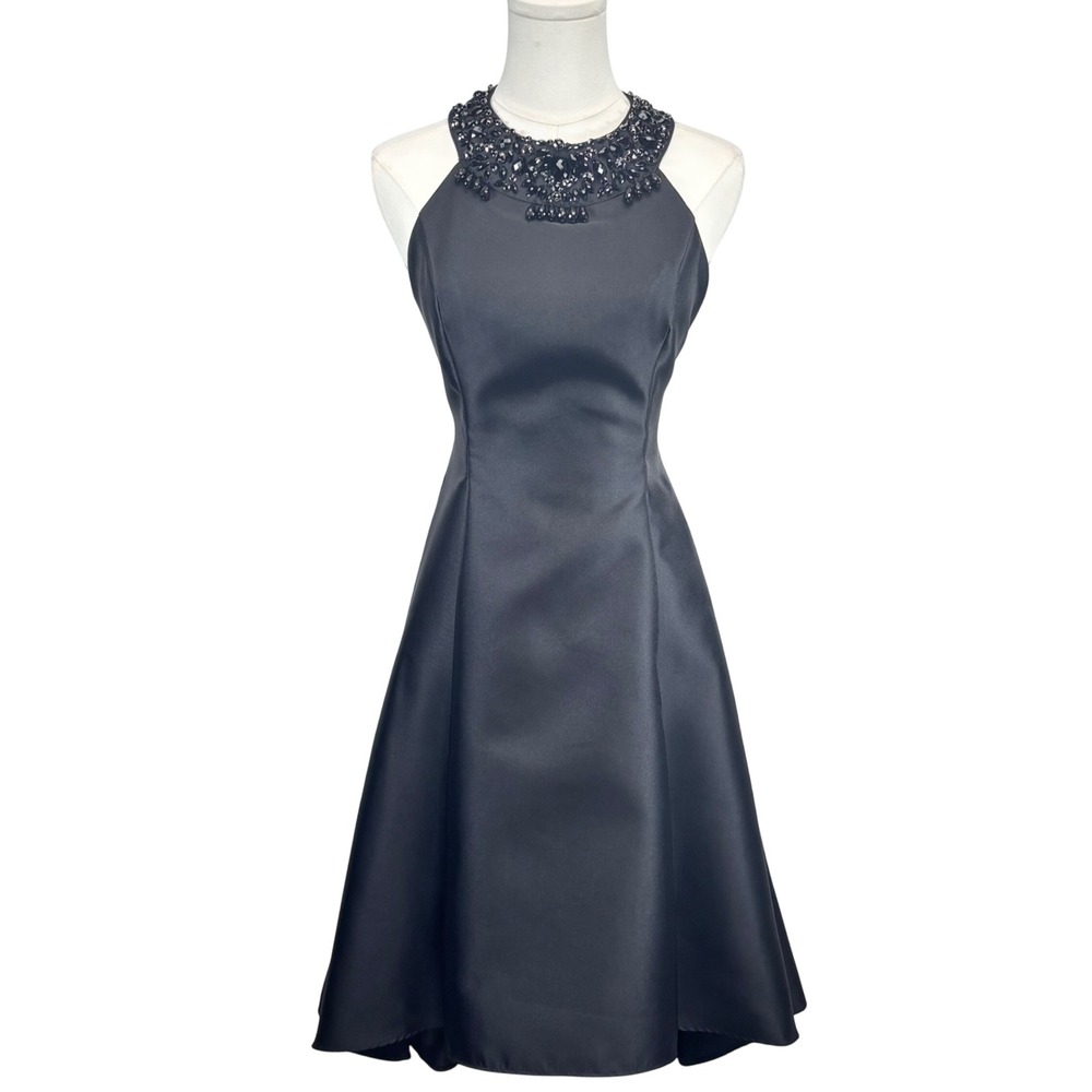 Adrianna Papell Dress Black Beaded Halter Satin High Low Formal LBD Women Size 4